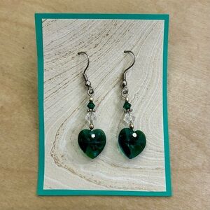 Elegant Sterling Silver & Teal Green Heart Austrian Crystal Drop Earrings